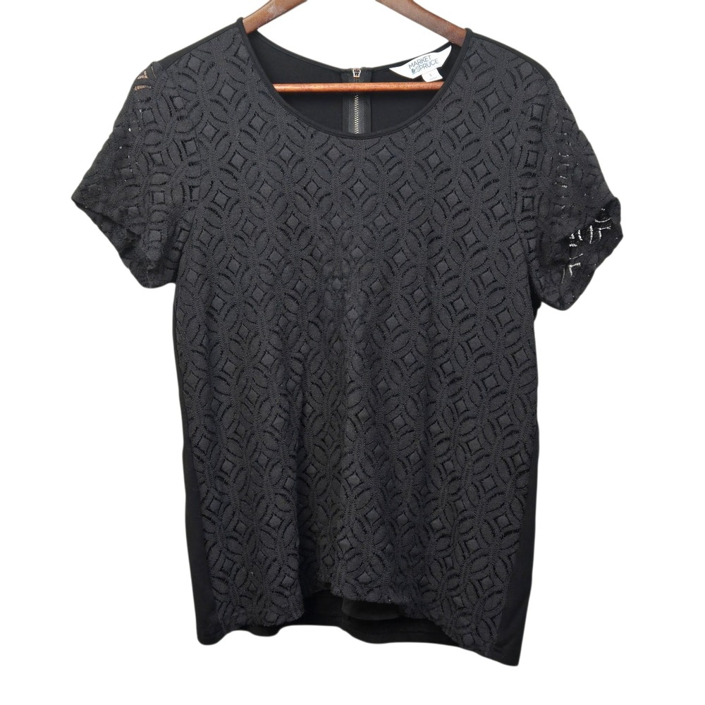Market & Spruce Women's Black Lace Short Sleeve Blouse Top Size L